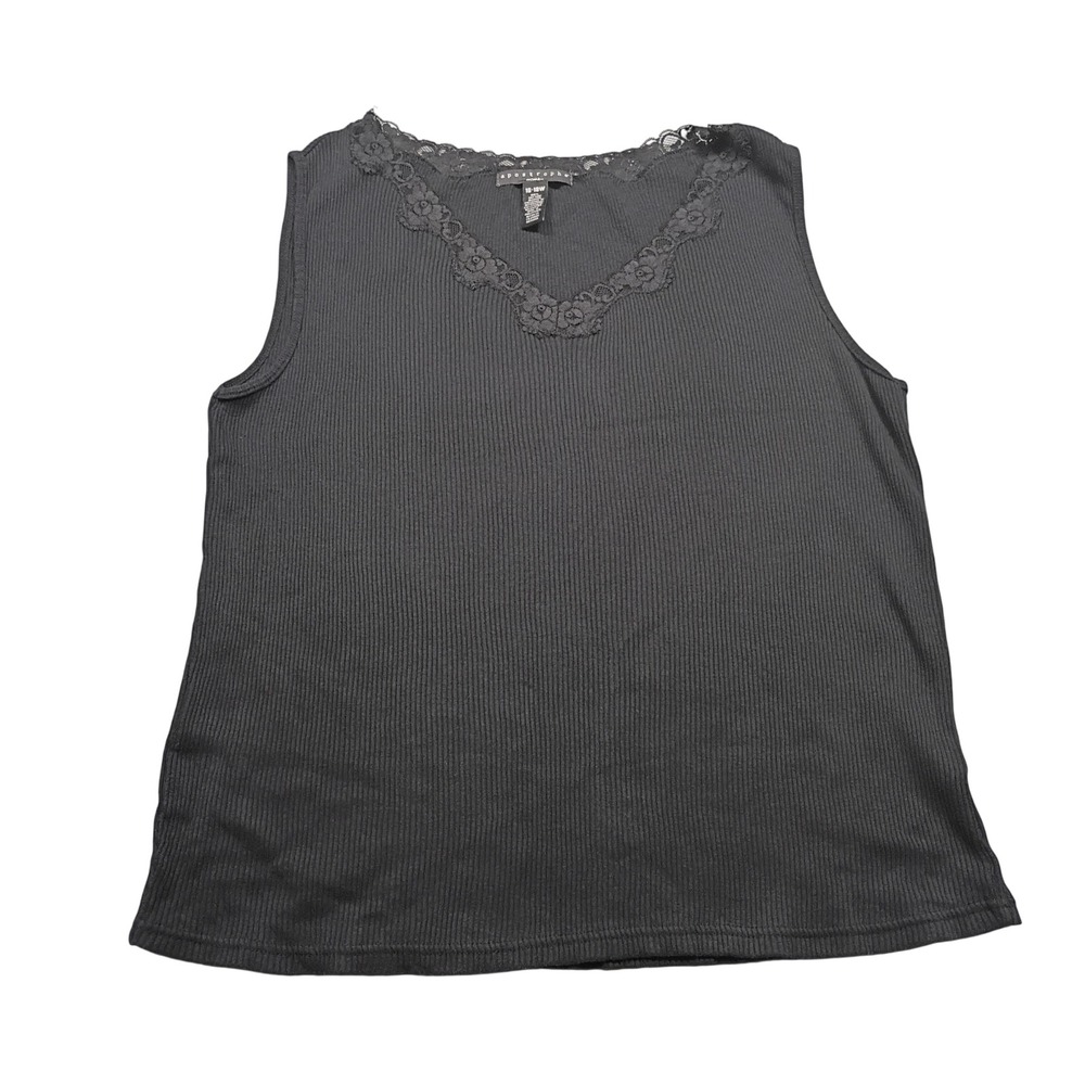 Apostrophe Tank Top Womens 16-18W Lace Trim Ribbed Cotton Black V-Neck Casual